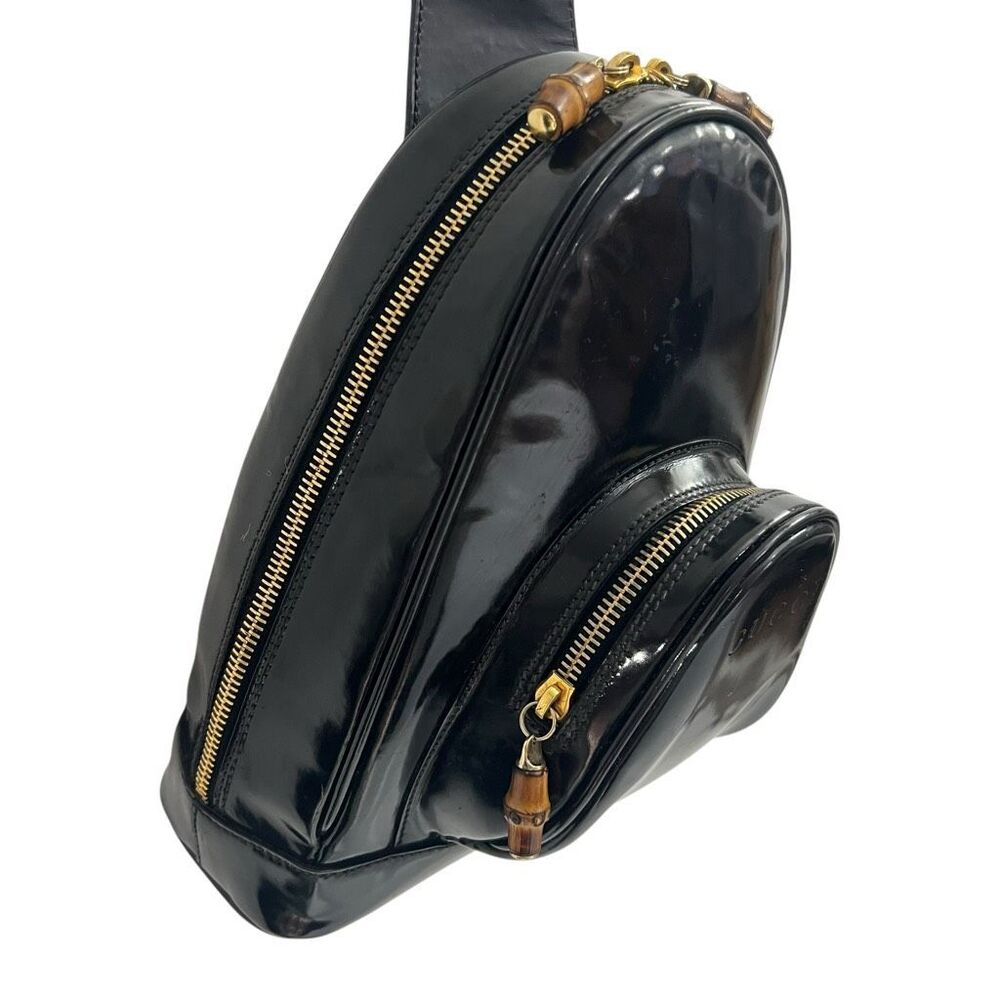 GUCCI Patent Leather Backpack Black Two Way w Strap Messenger Bag Bamboo Handle - Picture 3 of 12
